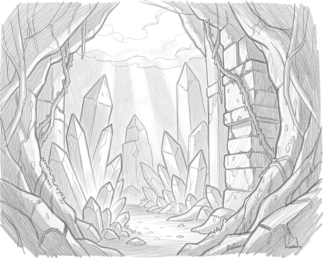 A magical, imaginative vision of a crystal cave filled with glowing gemstones amid ancient ruins overtaken by nature, with shafts of light piercing through the clouds.