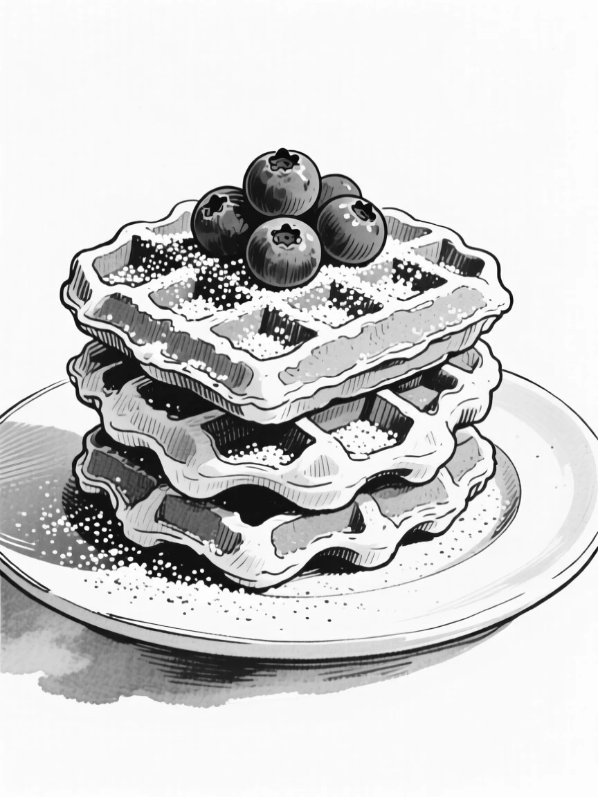 A stack of fluffy waffles topped with fresh blueberries and powdered sugar.