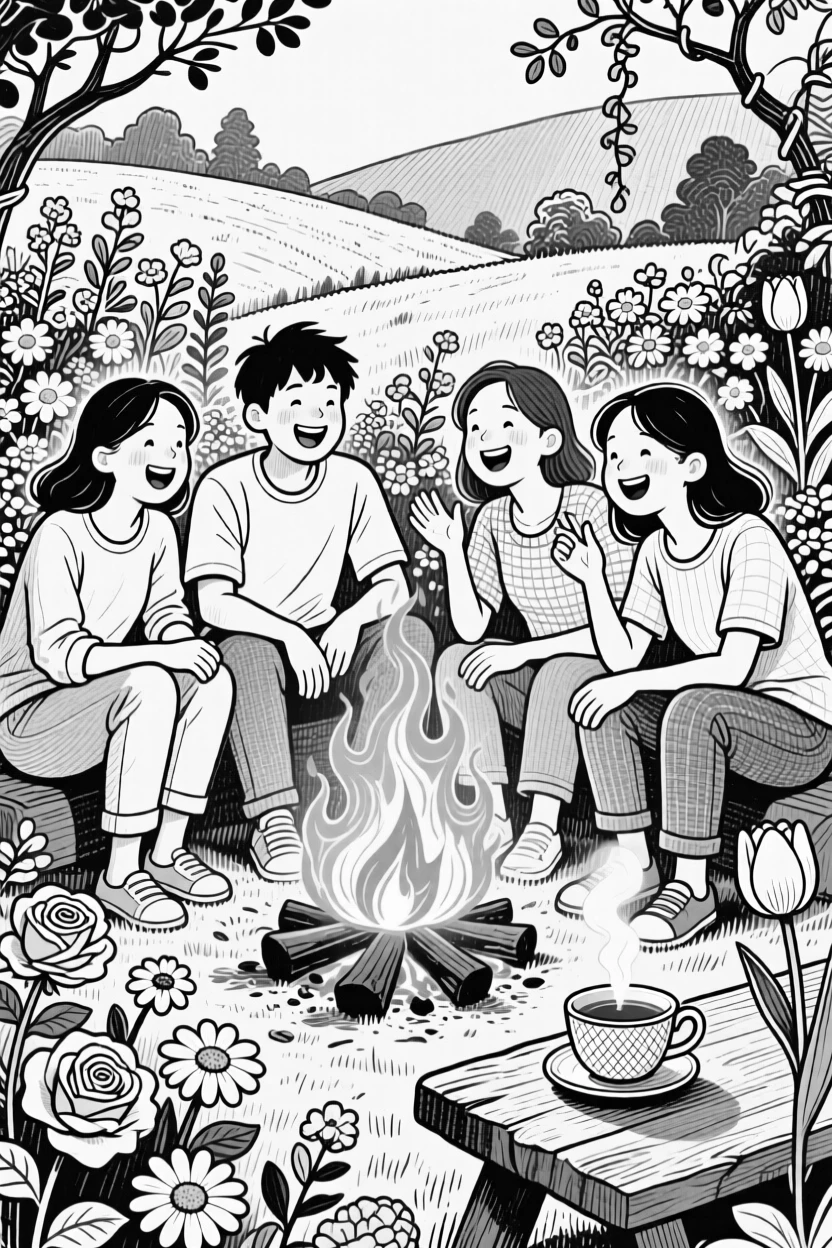 A group of friends laughing around a campfire in a garden filled with blooming flowers, with a cup of tea resting close by, creating a wistfully sweet lifestyle scene.