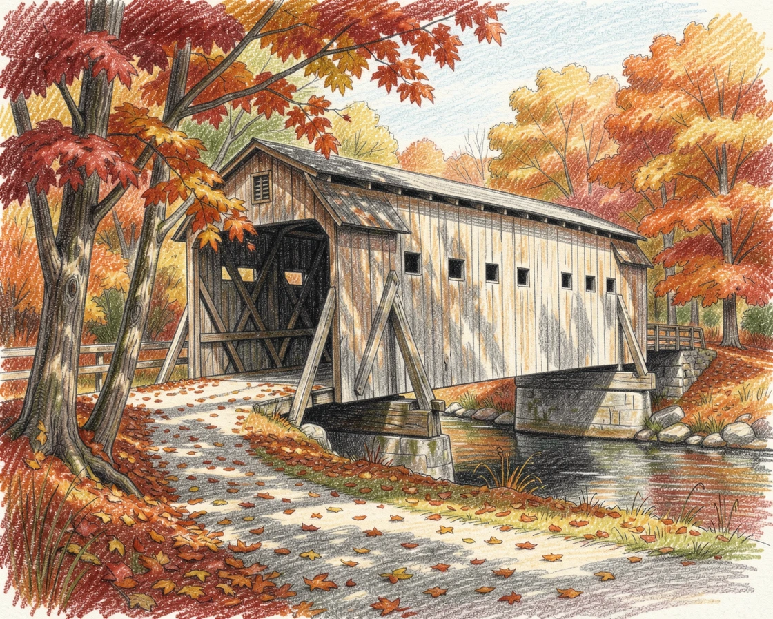 A New England covered bridge surrounded by fiery autumn foliage, with a gentle play of light and shadow across the composition, evoking nostalgia and a deep sense of contentment.