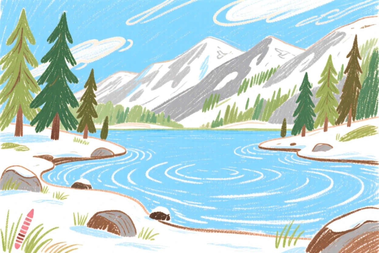 A view of a quiet alpine lake dusted lightly with the season's first snow.