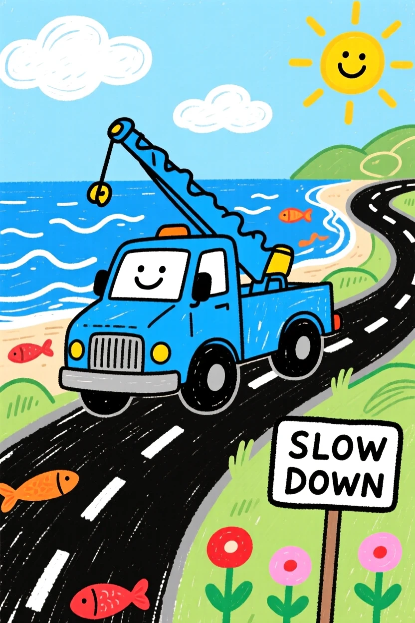 A bright blue tow truck traveling along a winding coastal road.