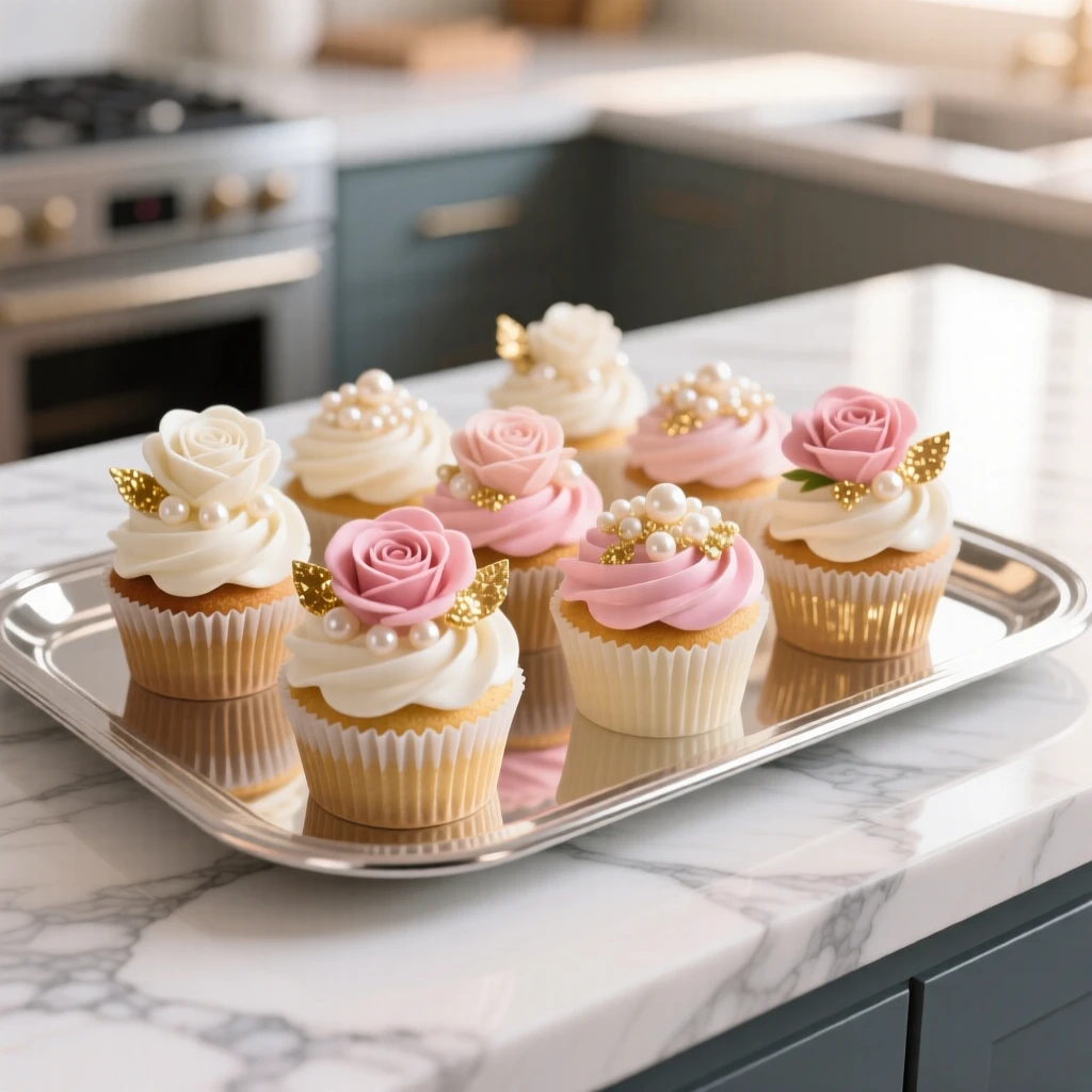 A tray of festive cupcakes decorated for a wedding, placed atop a marble kitchen counter, framed closely to emphasize glossy, fresh textures, with a joyful, celebratory feel.