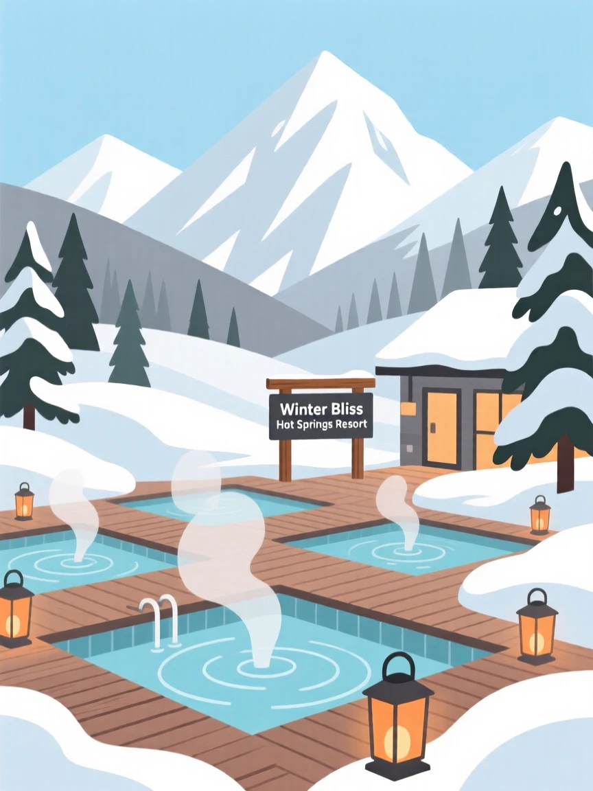 A vibrant hot springs resort nestled among snowy mountains in winter.