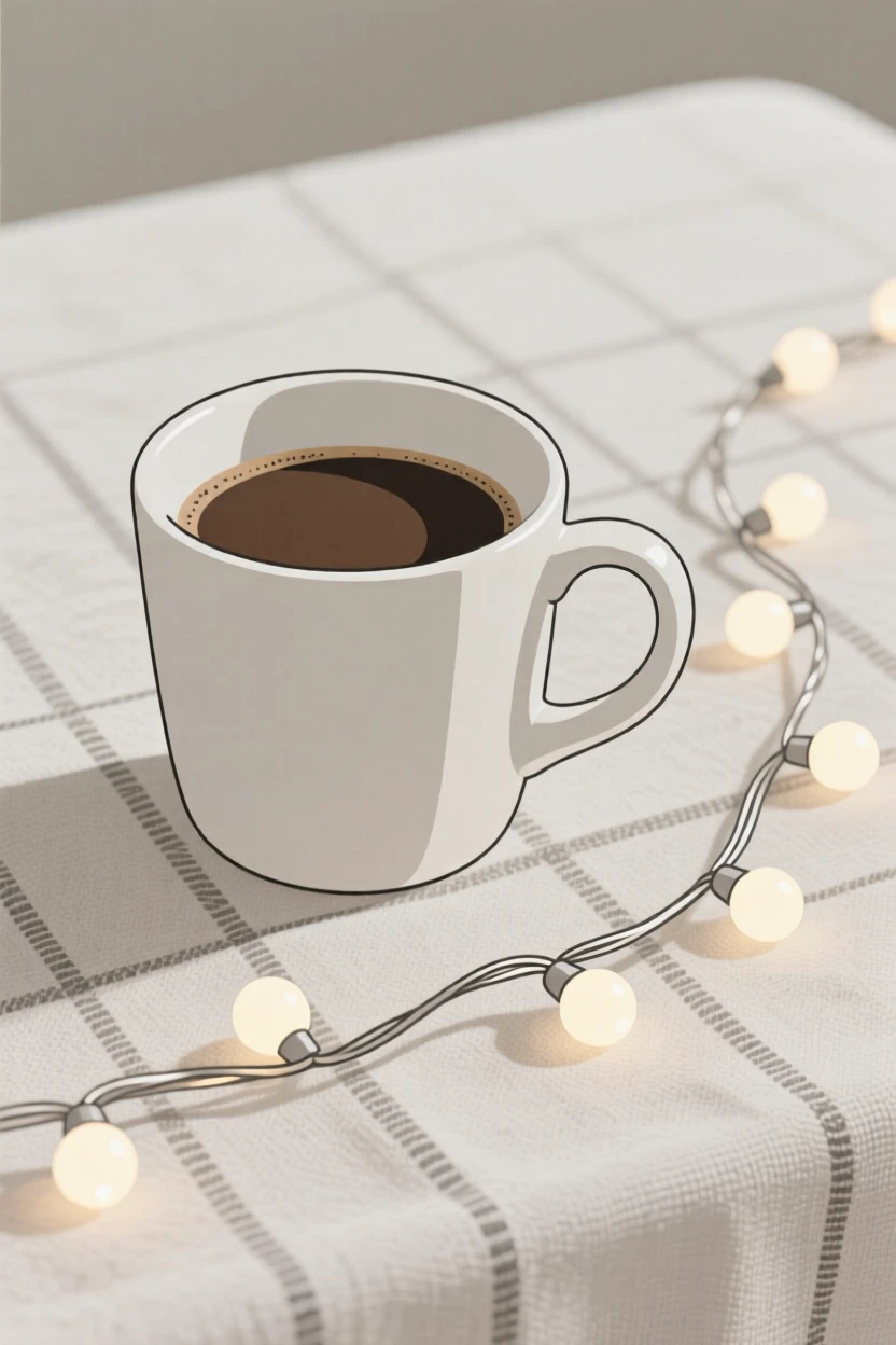 A close-up study of a string of fairy lights placed beside a cup of coffee on a linen tablecloth, full of gentle sentimentality.