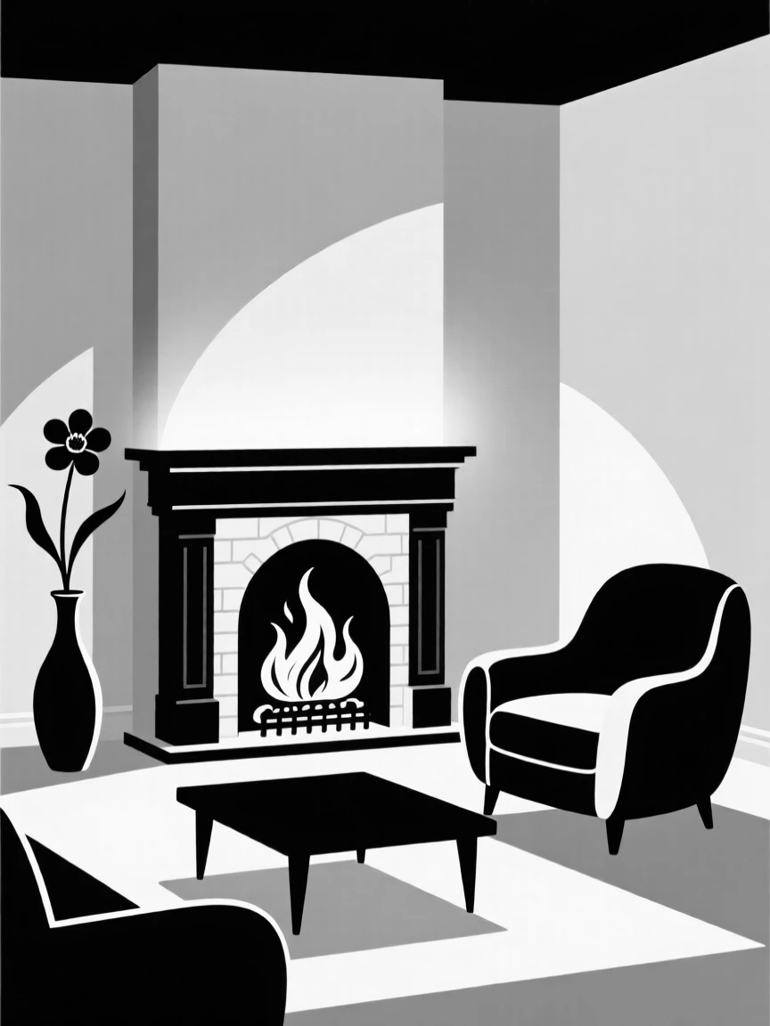A fireplace crackling in a softly lit living room.