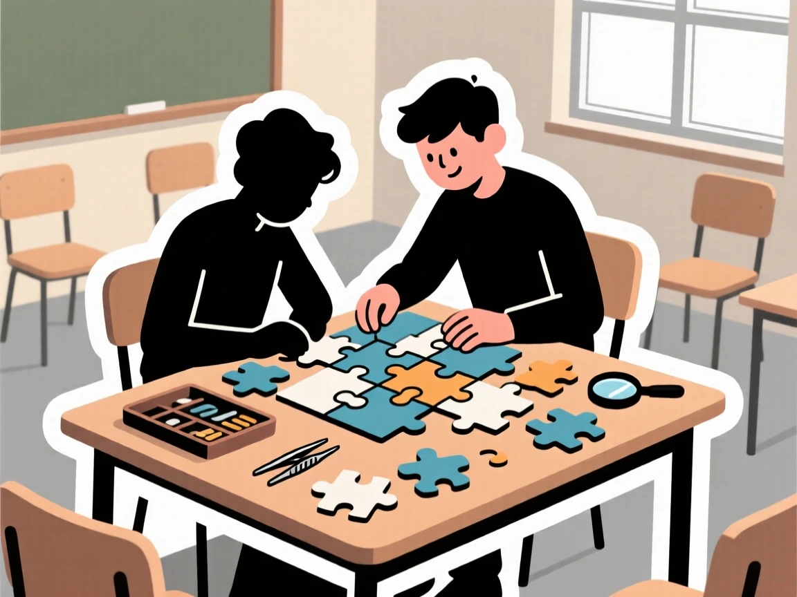 A quietly passionate puzzle enthusiast completing a large jigsaw, with tools and supplies scattered nearby, in a small community class setting.