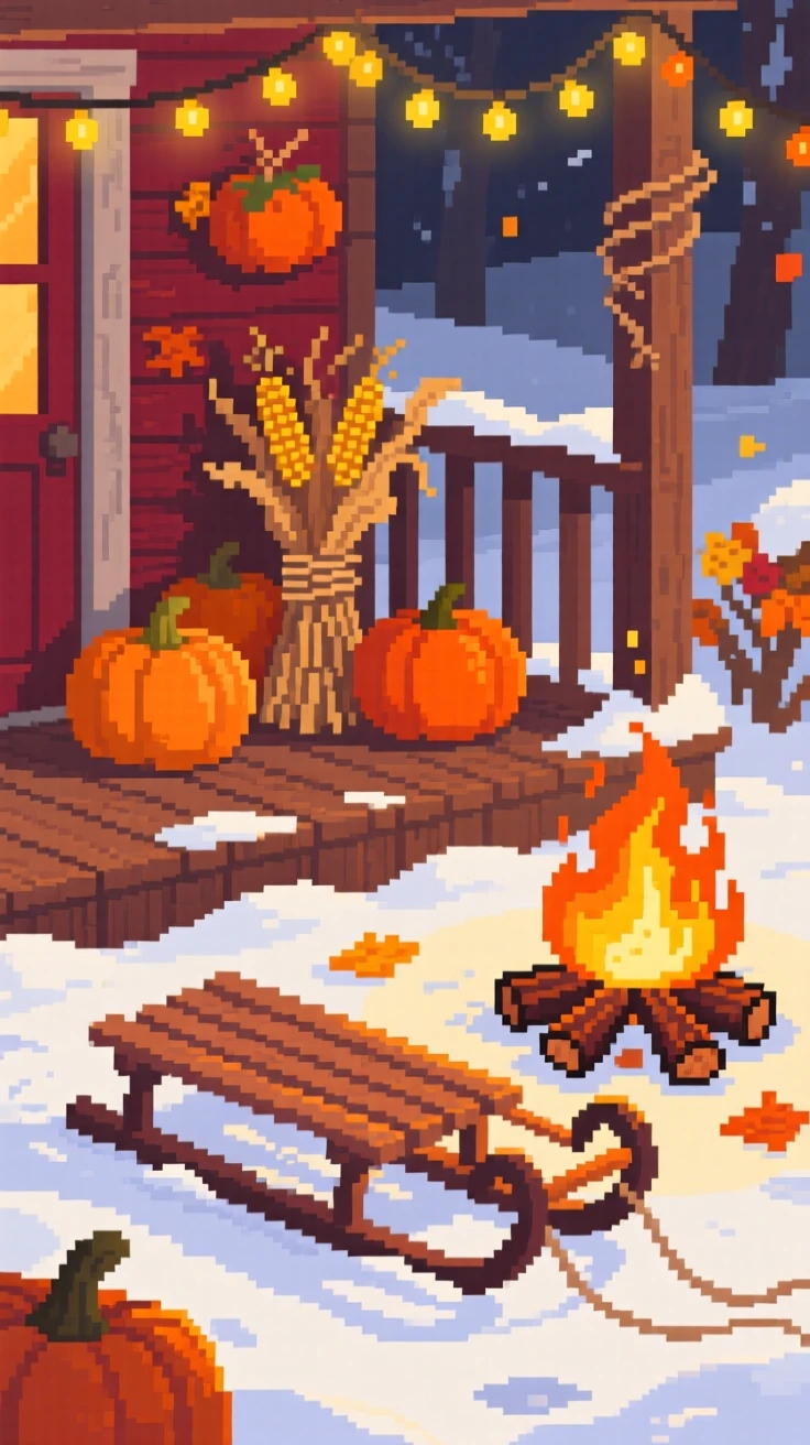 A sled resting in fresh snow glowing beside a crackling bonfire, on a porch decorated for a harvest festival.