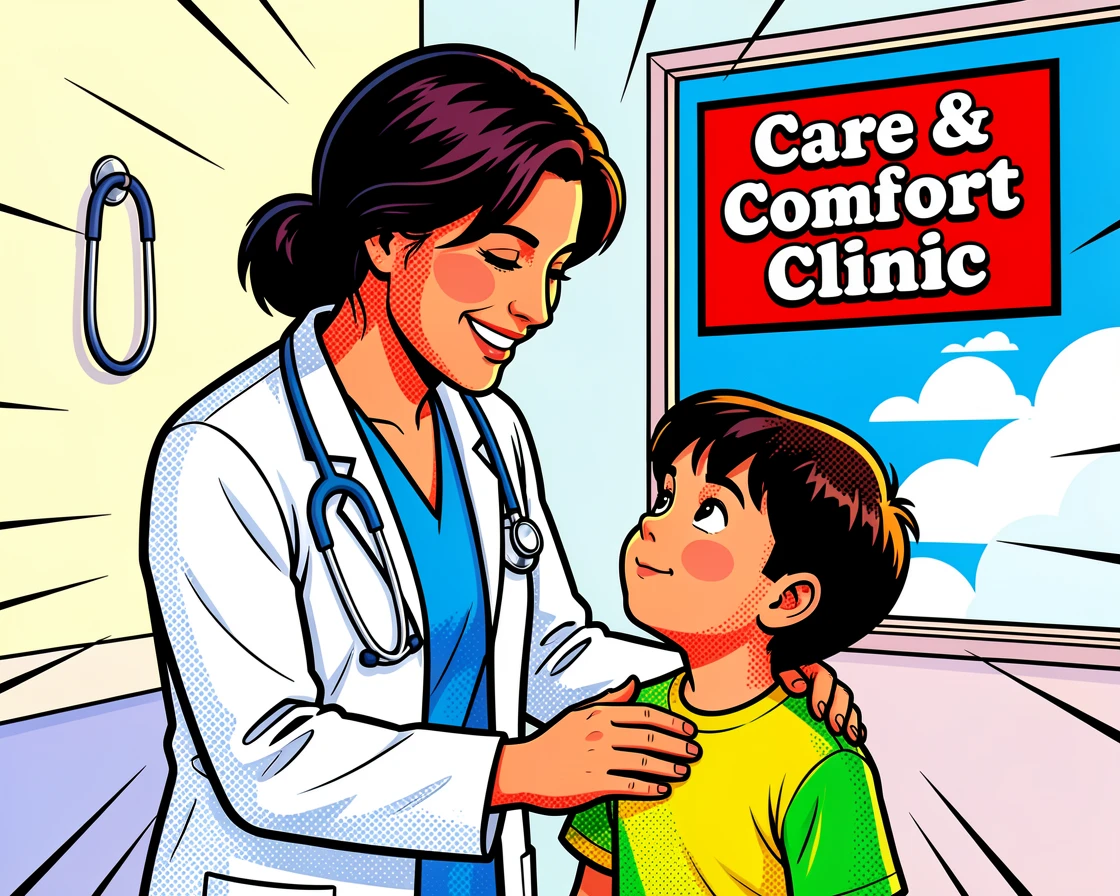 A doctor comforting a young patient in a clear clinic