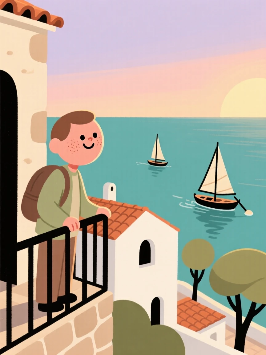 A traveler pauses on a narrow balcony overlooking a sun-drenched Mediterranean village, watching boats gliding along the water as the soft evening light settles over the scene.