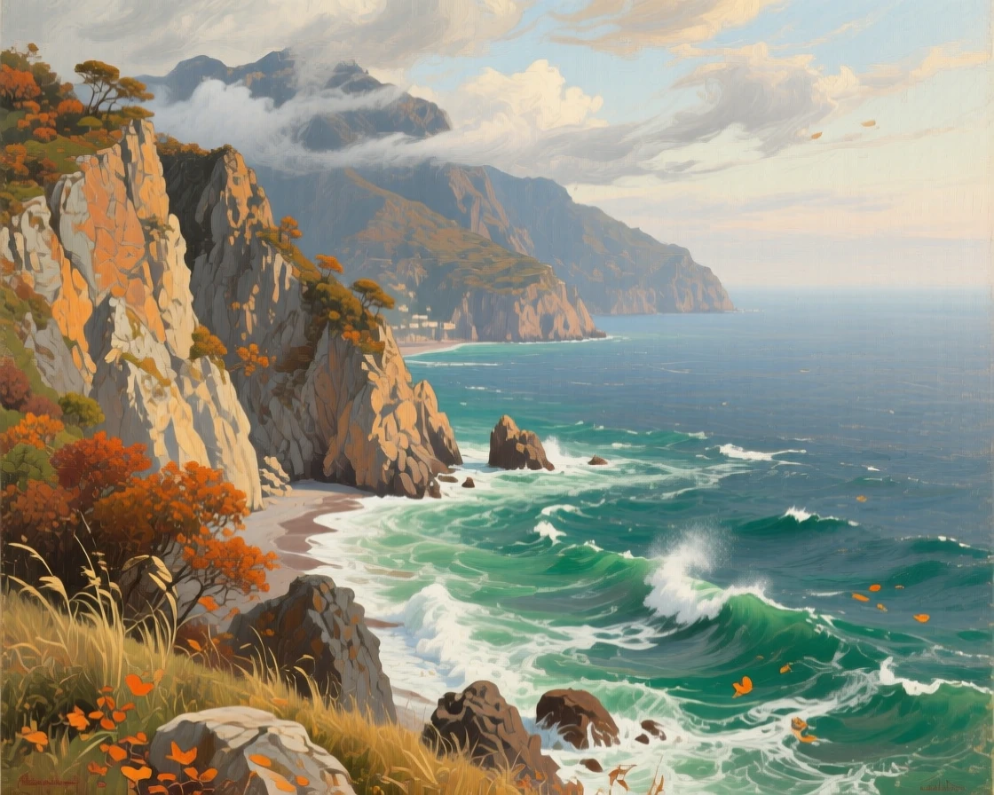 A high overhead view of a rugged coastline where waves crash against tall cliffs, amid swirling autumn wind, along the Amalfi coast.