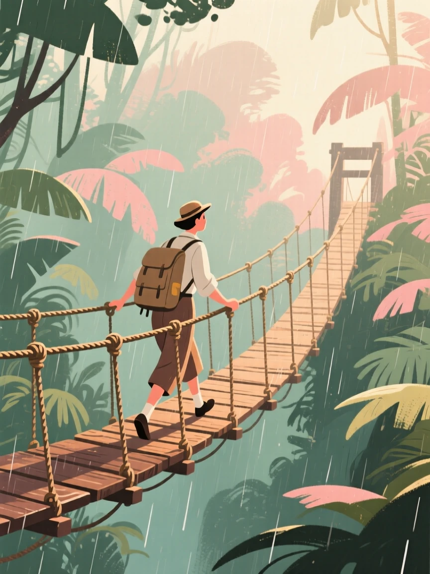 A traveler crossing a rope suspension bridge in a lush rainforest