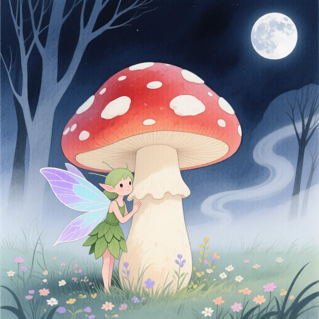 A tiny garden pixie peeks out from behind a giant mushroom in a moonlit meadow, as a gentle mist curls through the trees