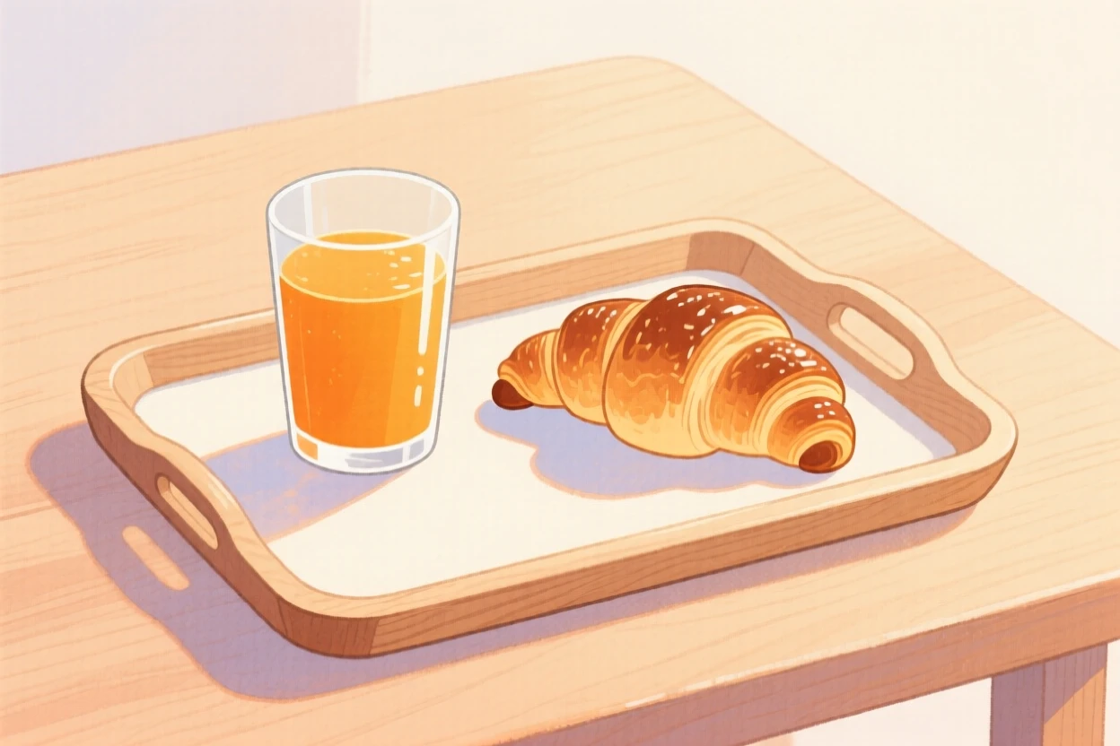 A delightful still life of a breakfast tray with orange juice and warm croissants.