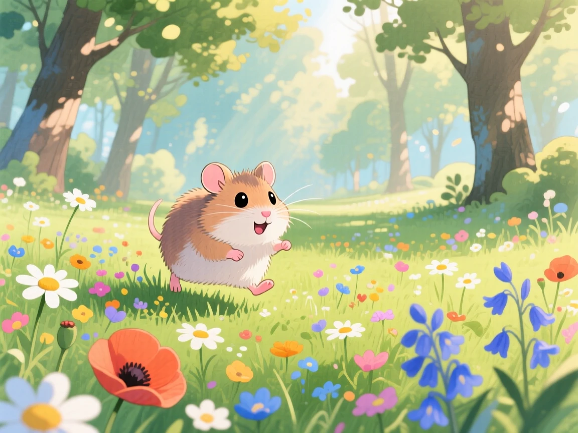 A tiny hamster hopping through a meadow of wildflowers, set in a quiet forest clearing dappled with sunlight, filled with wide-eyed wonder.