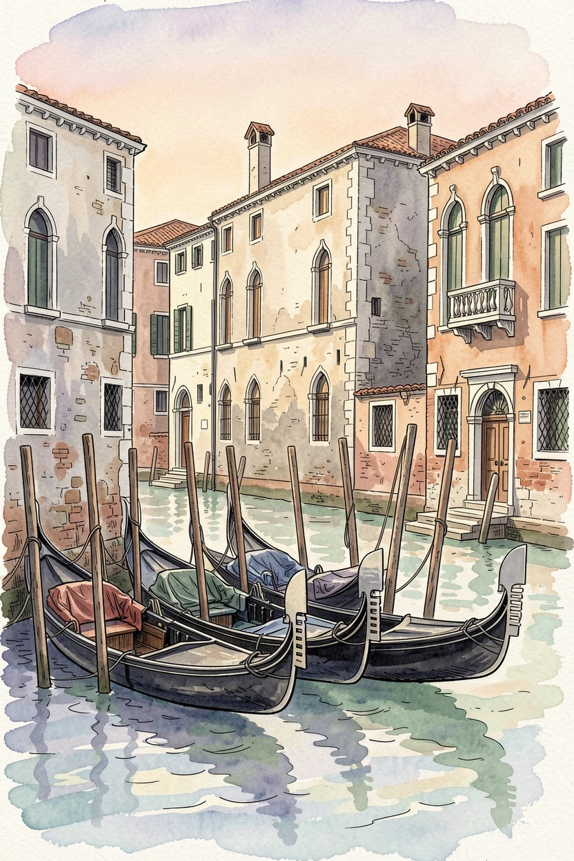 A row of gondolas resting along a quiet Venetian canal at dawn, warm afternoon light settling over the weathered stone and rooftops.