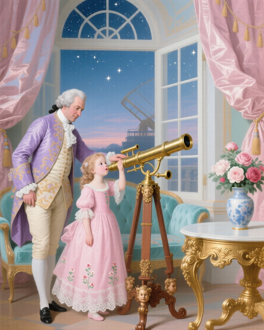 A father and daughter watching stars through a palace observatory telescope  