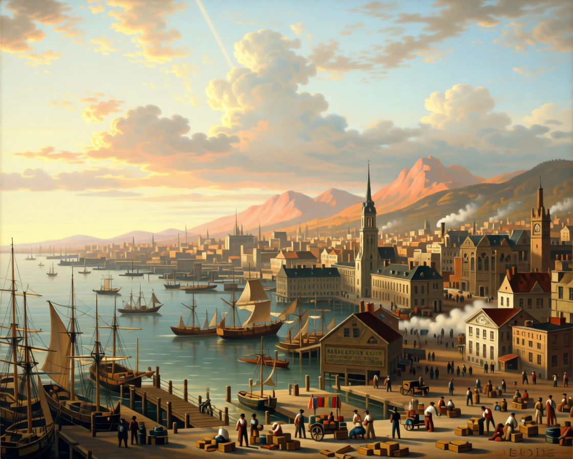 A busy harbor city bustles with ships, merchants, and dockworkers.