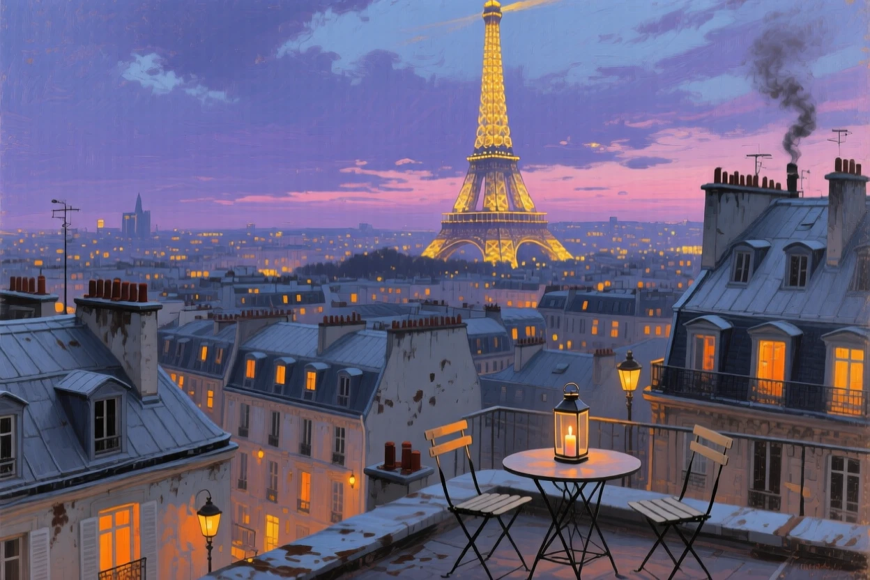 The Paris skyline at dusk with the Eiffel Tower glittering above the rooftops, with warm lantern or window light glowing throughout the scene, capturing the timeless beauty and character of a legendary destination