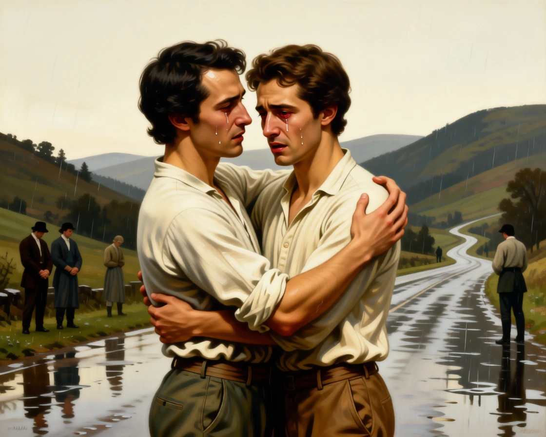 Two estranged brothers embracing after years of separation as tears and gratitude mix in equal measure, set on a rain-soaked road leading toward distant hills, with distant figures watching quietly from a respectful distance; converging paths in the background lead directly to the embracing pair, radiating hope restored after long hardship.