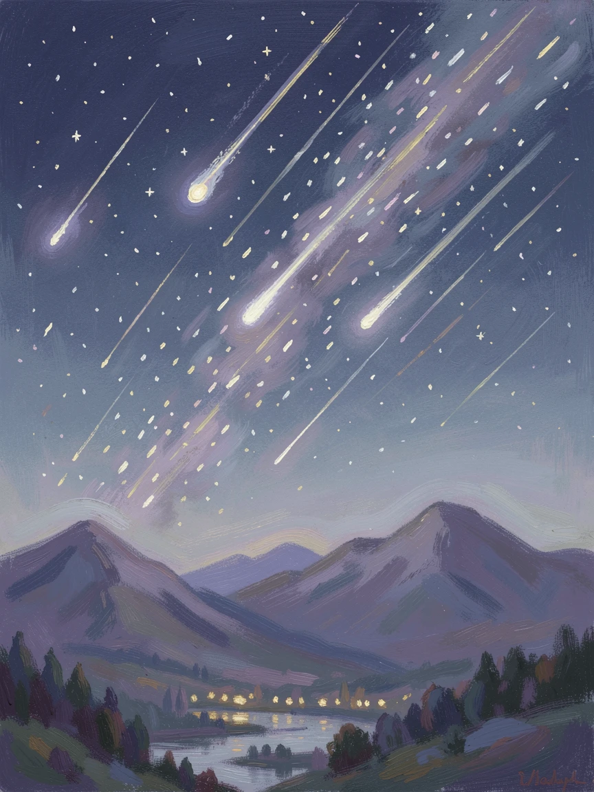 A meteor shower streaking across a clear night sky above a silhouetted mountain range, filled with a cozy, comforting atmosphere.