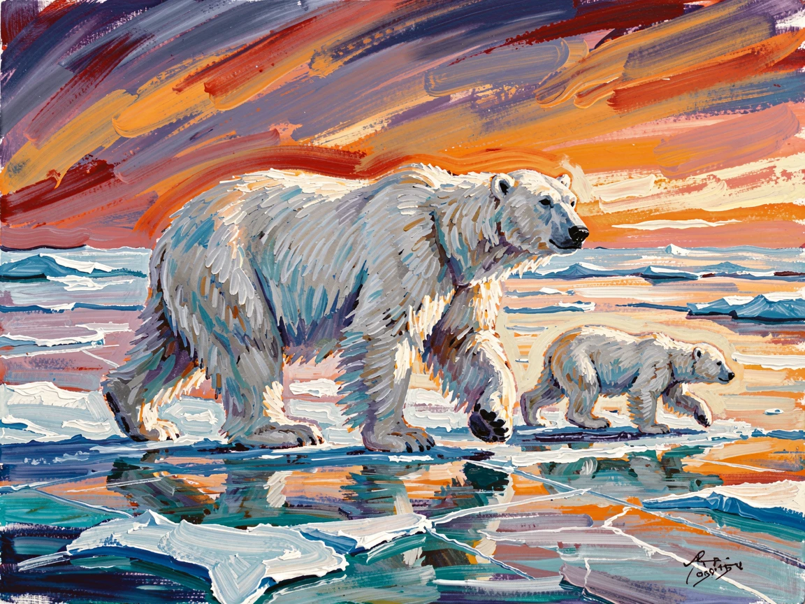 A polar bear and her cubs walking across a vast expanse of arctic ice.