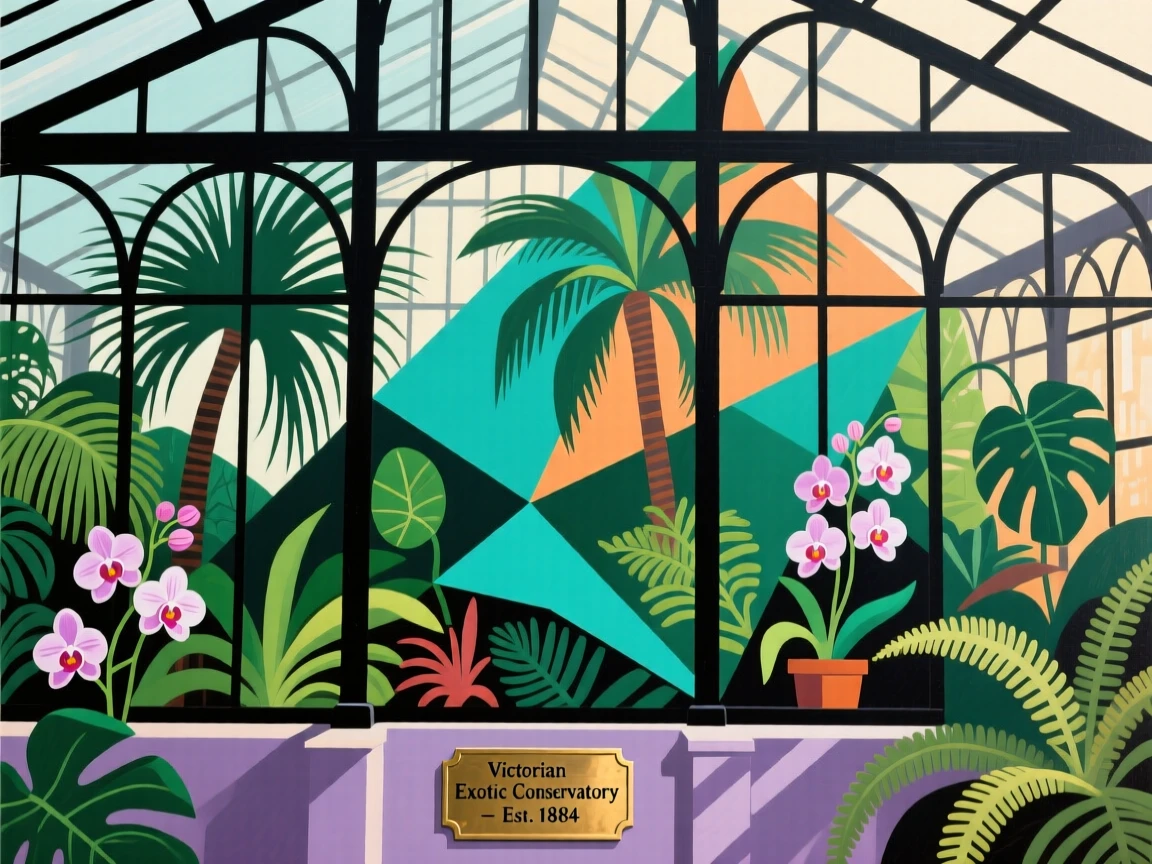 A grand Victorian greenhouse filled with exotic plants and soft filtered light.