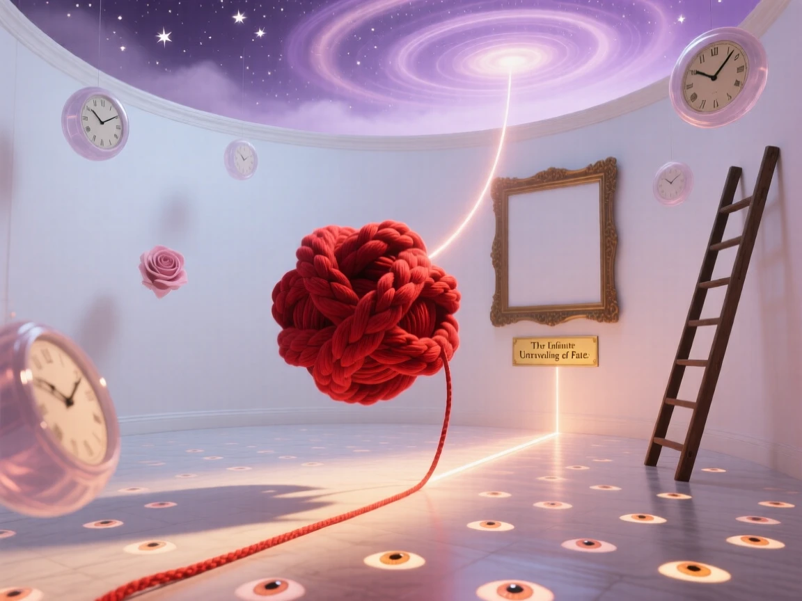 A tangled knot of red thread slowly unraveling into a straight line stands quietly at the center of an empty, soft-lit room, while soft light gathers gently around its edges.