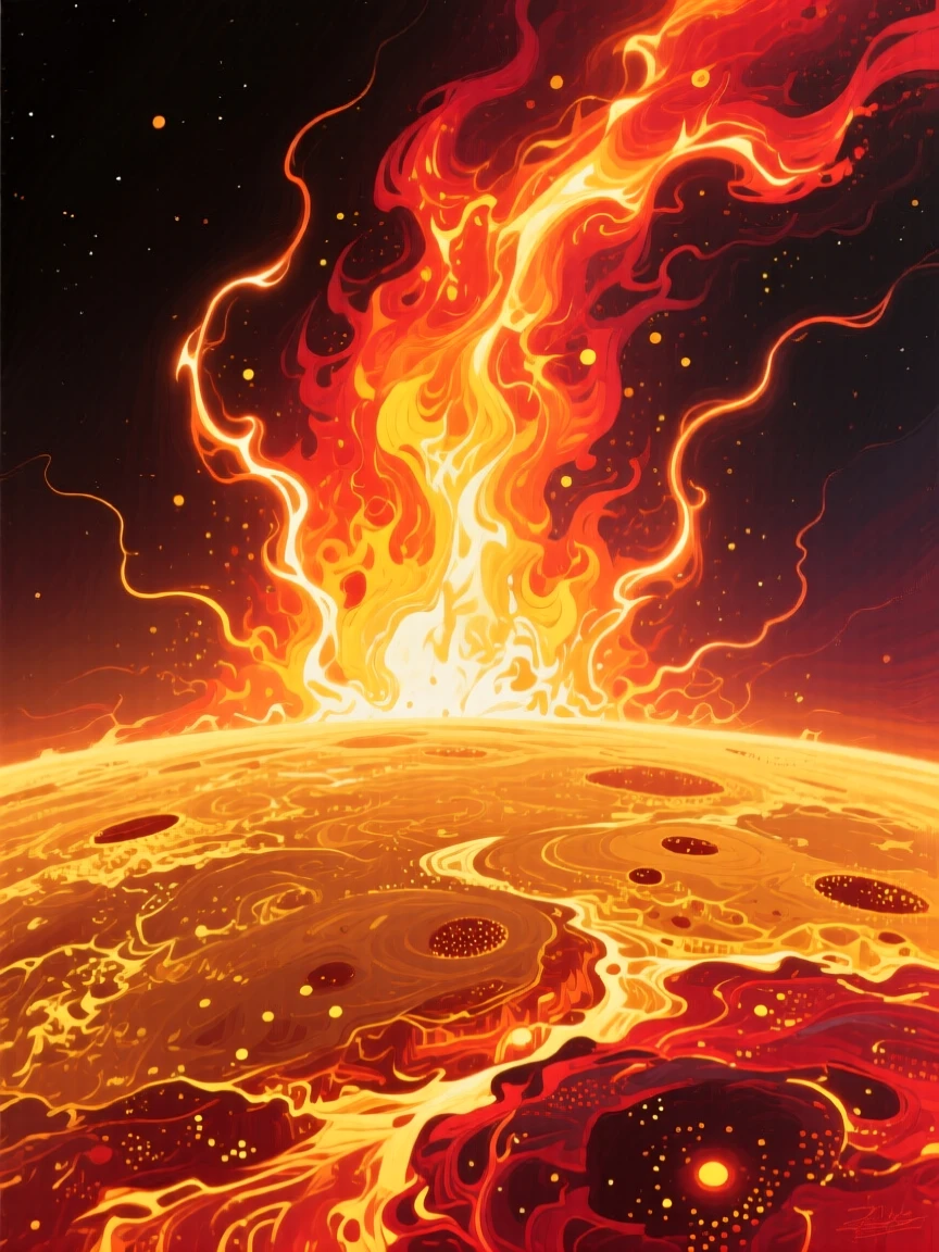 A brilliant solar flare erupts from the sun's surface, arcs of plasma curving gracefully back into the roiling golden surface below, the scale of the scene emphasized by tiny details that suggest an entire hidden world beyond the frame.