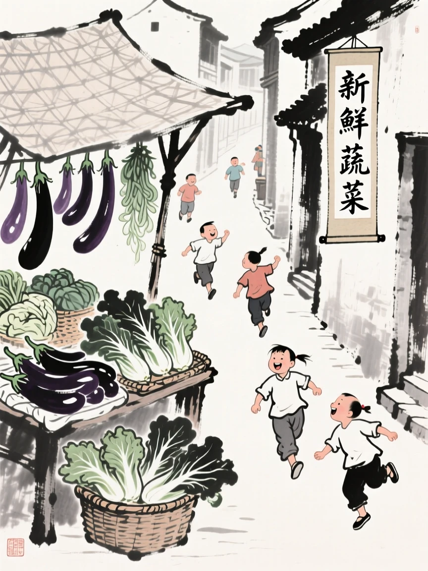 A market stall overflows with fresh vegetables beneath a woven awning, as children run laughing through the narrow lanes.