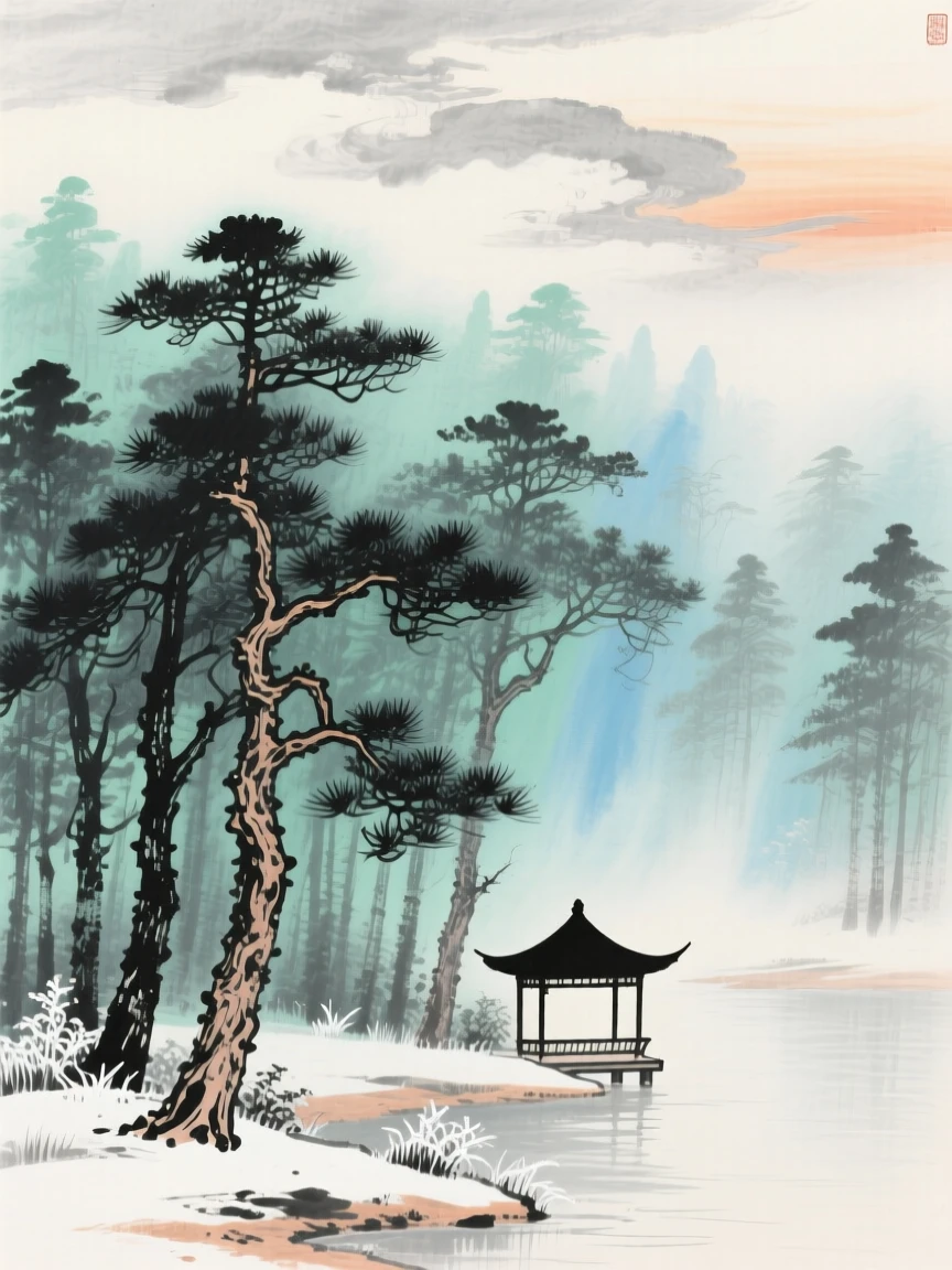 A dense pine forest blanketed in morning fog, with a small pavilion perched at the water's edge, beneath low hanging clouds, in the quiet hour before sunrise, as winter frost settles.
