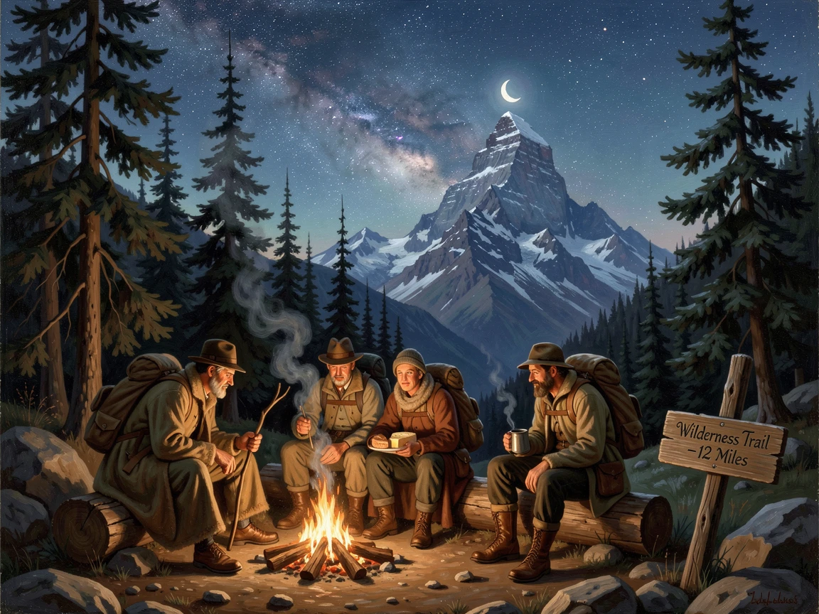 A group of hikers rests beside a campfire beneath the stars in the mountains.