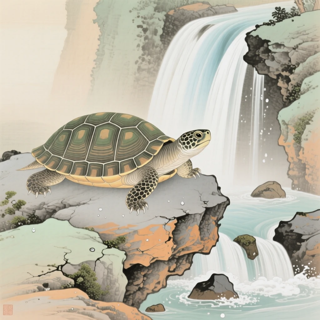 A turtle resting on a sun-warmed rock at the base of a small stone waterfall