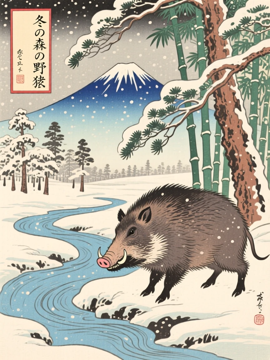 A wild boar pausing at a snow-covered forest edge.