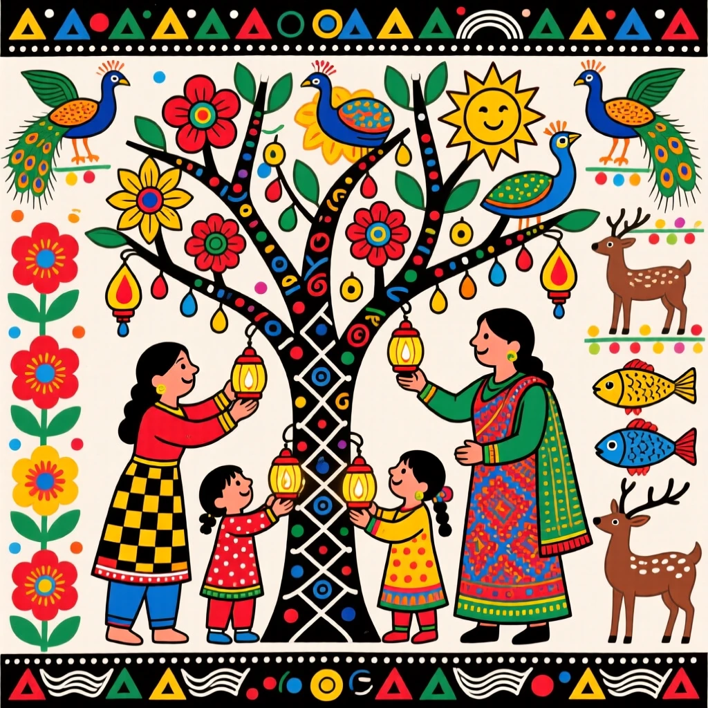 A family decorating a tree with lights and ornaments at winter's start.