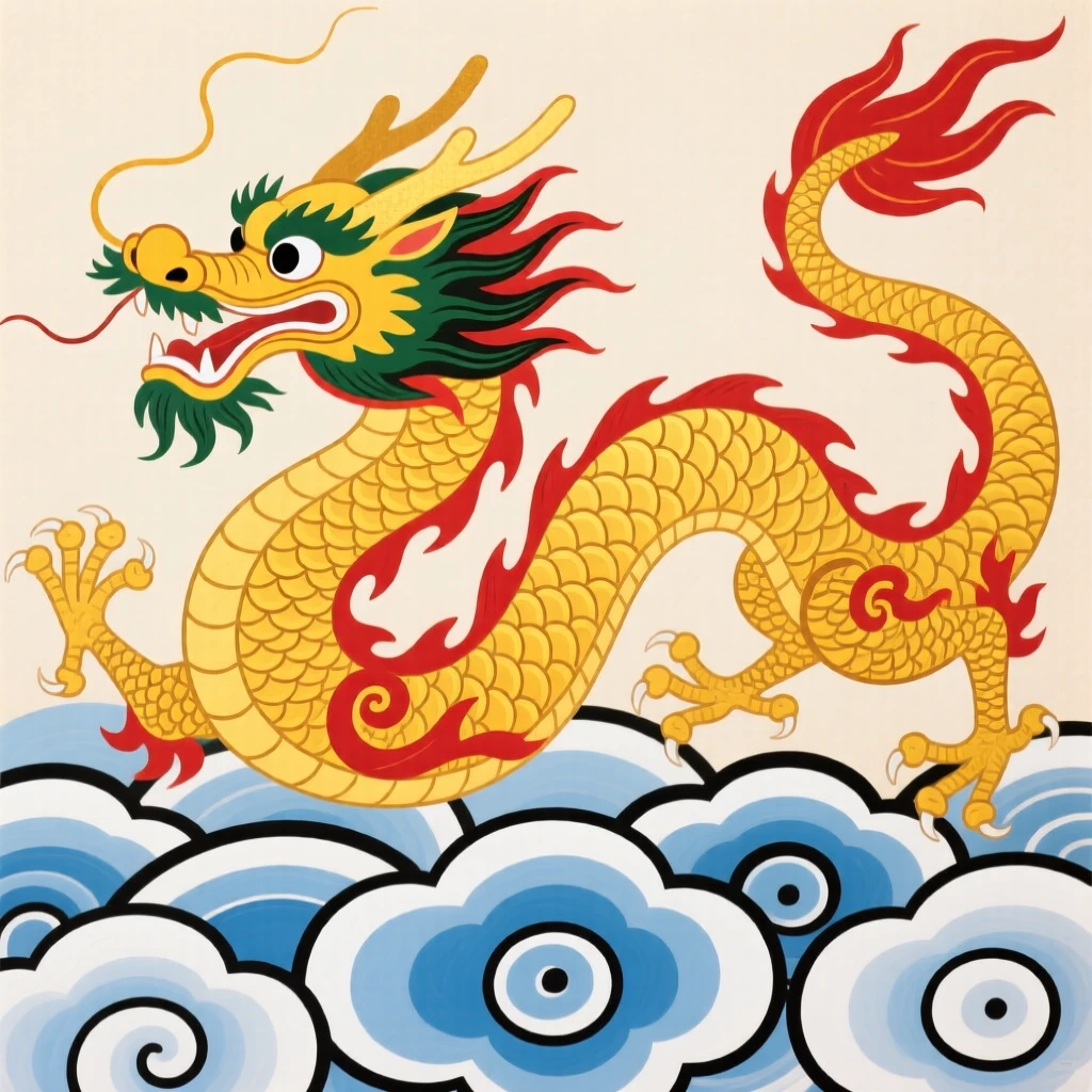 A golden dragon coiling above clouds, representing power and good fortune.