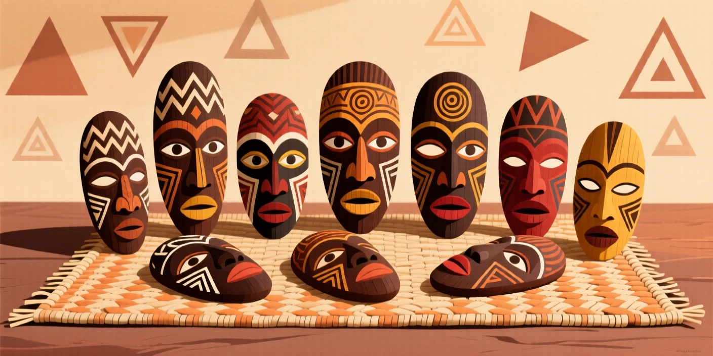A collection of carved wooden masks arranged neatly on a woven mat.