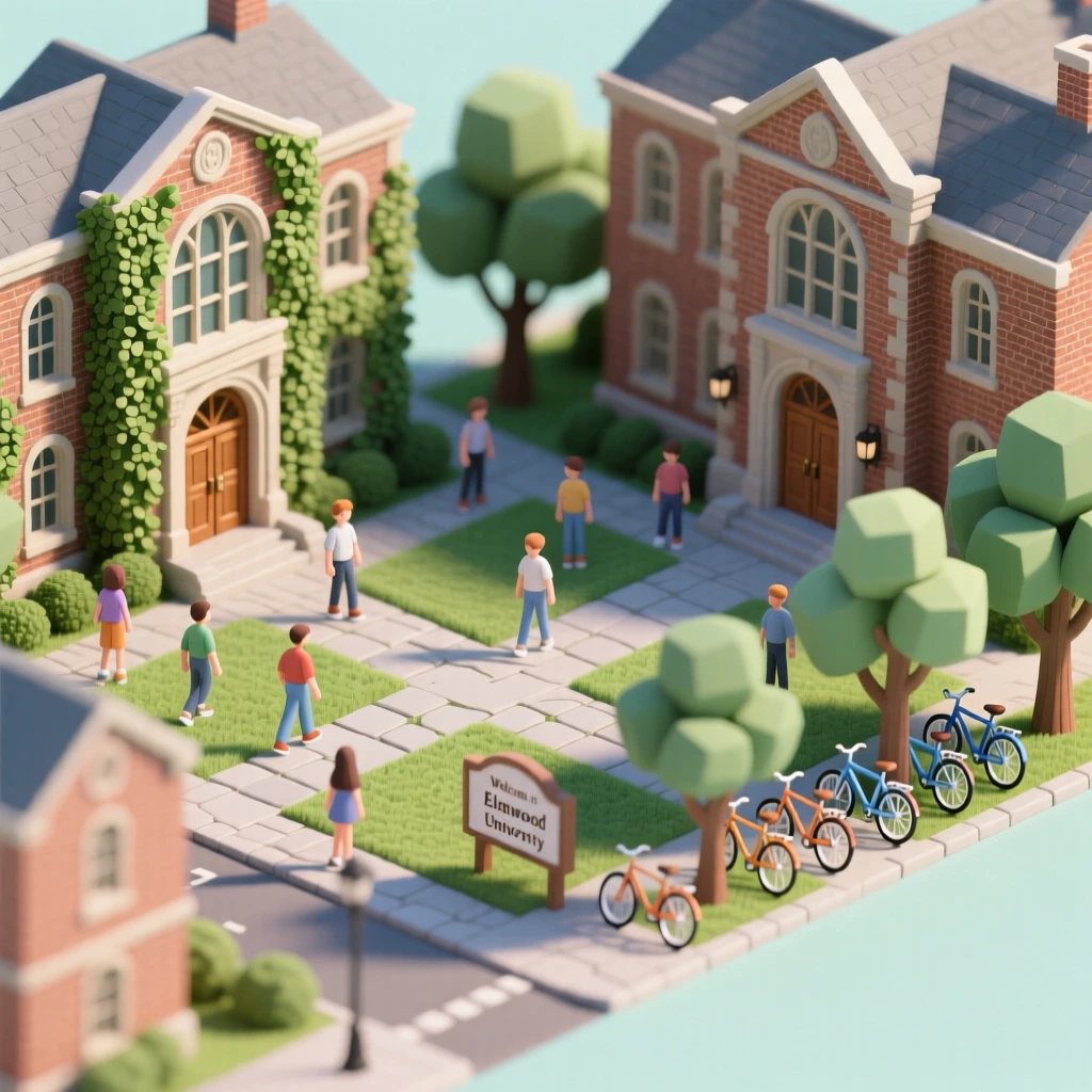 A bustling university quad with students crossing between ivy-covered buildings, bicycles parked along a tree-lined path.
