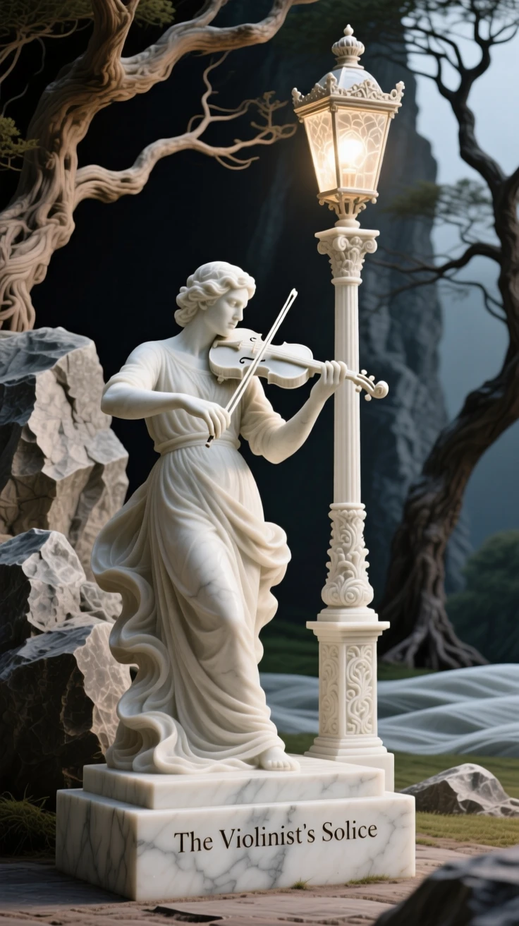 An evocative depiction of a violin player performing beneath a streetlamp, framed by dramatic natural scenery, balancing detail with emotional depth
