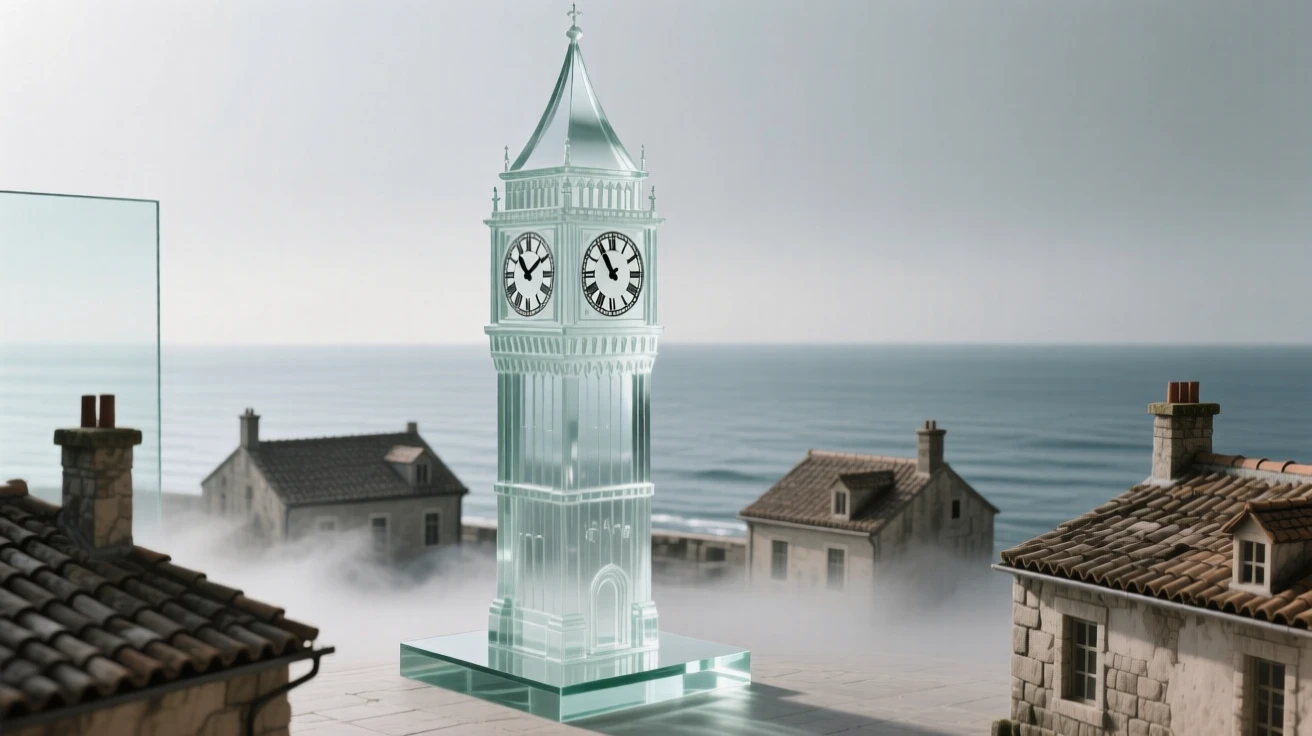 A clocktower rising above the rooftops of an old town square with the sea stretching endlessly beyond the horizon, while a light mist settles gently over the old stone walls
