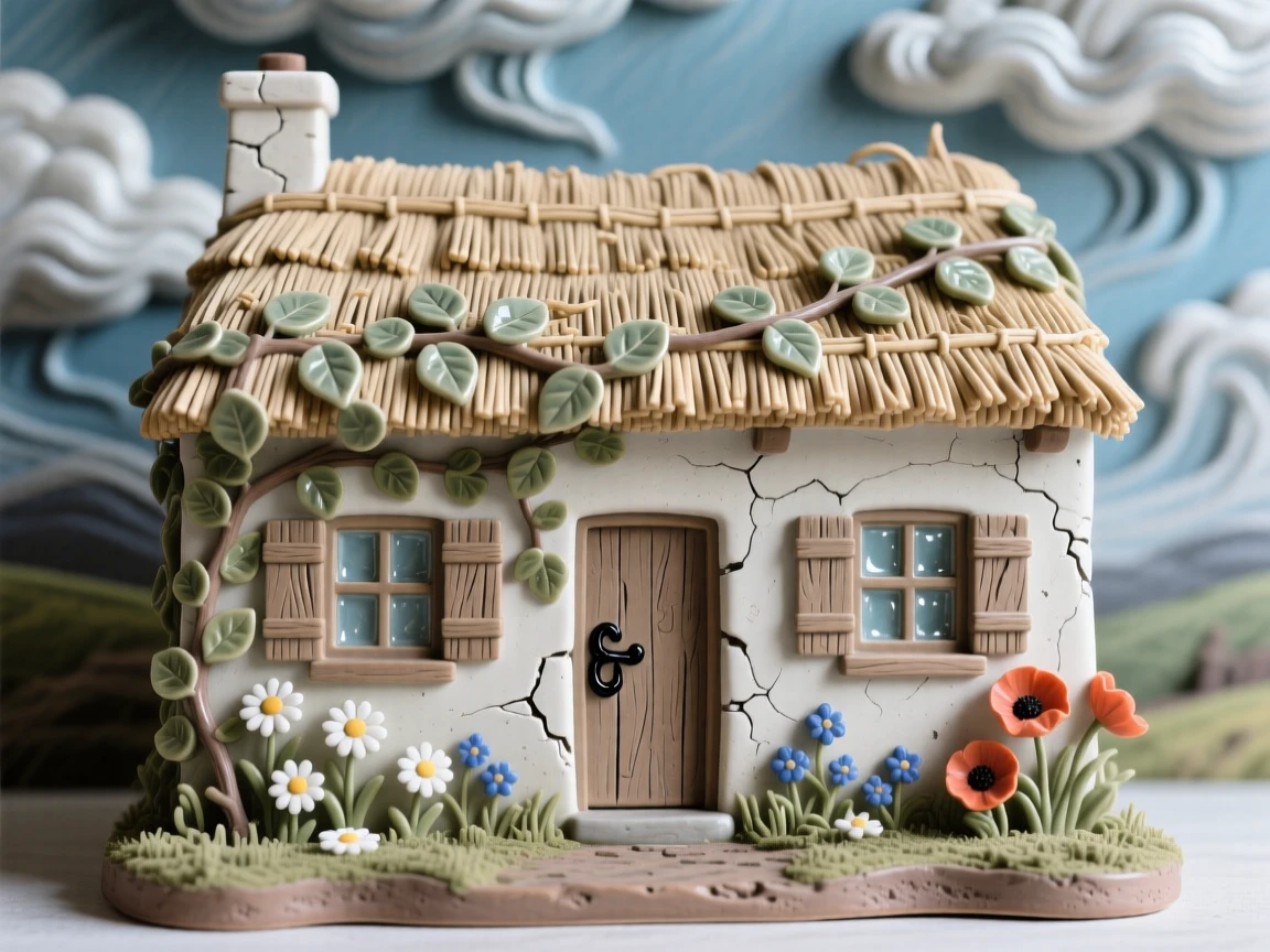 A quaint countryside cottage with a thatched roof standing majestically against a dramatic sky, surrounded by climbing ivy and wildflowers, capturing the romance of a bygone era.