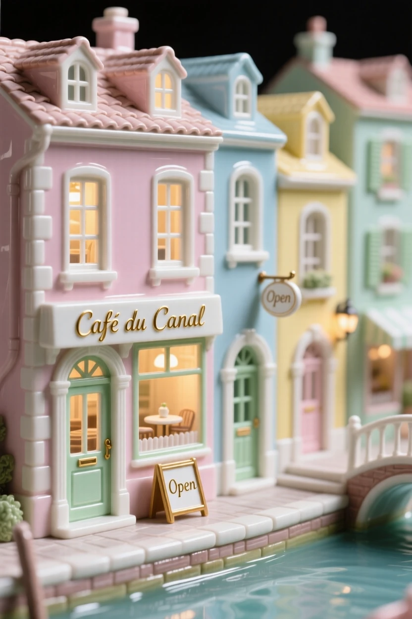 A charming canal-side row of pastel houses, warm light spilling from café windows.