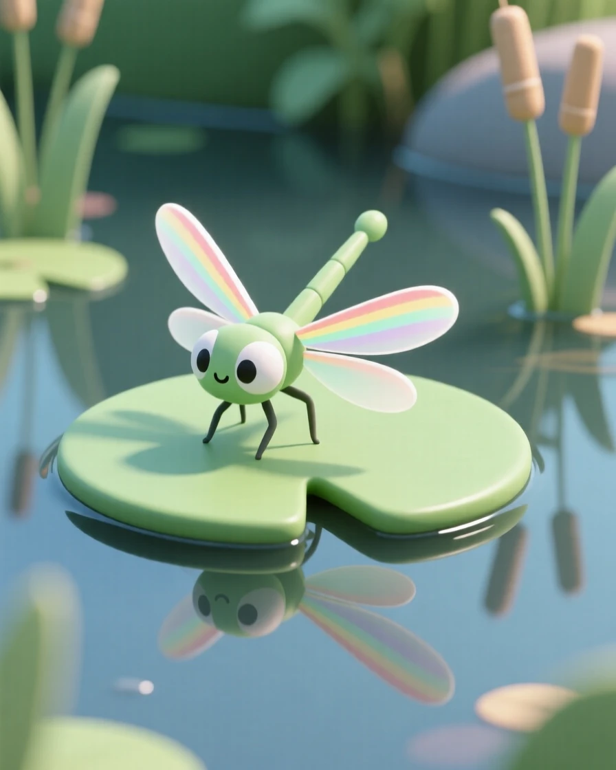 A tiny dragonfly rests on a lily pad, wings catching rainbow light above a still garden pond.