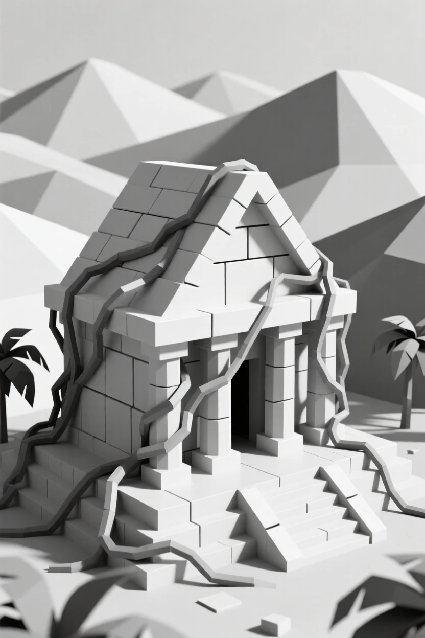 An ancient stone temple wrapped in jungle vines, framed by distant rolling hills. vibrant color accents contrast against neutral stone. It captures a feeling of quiet discovery.