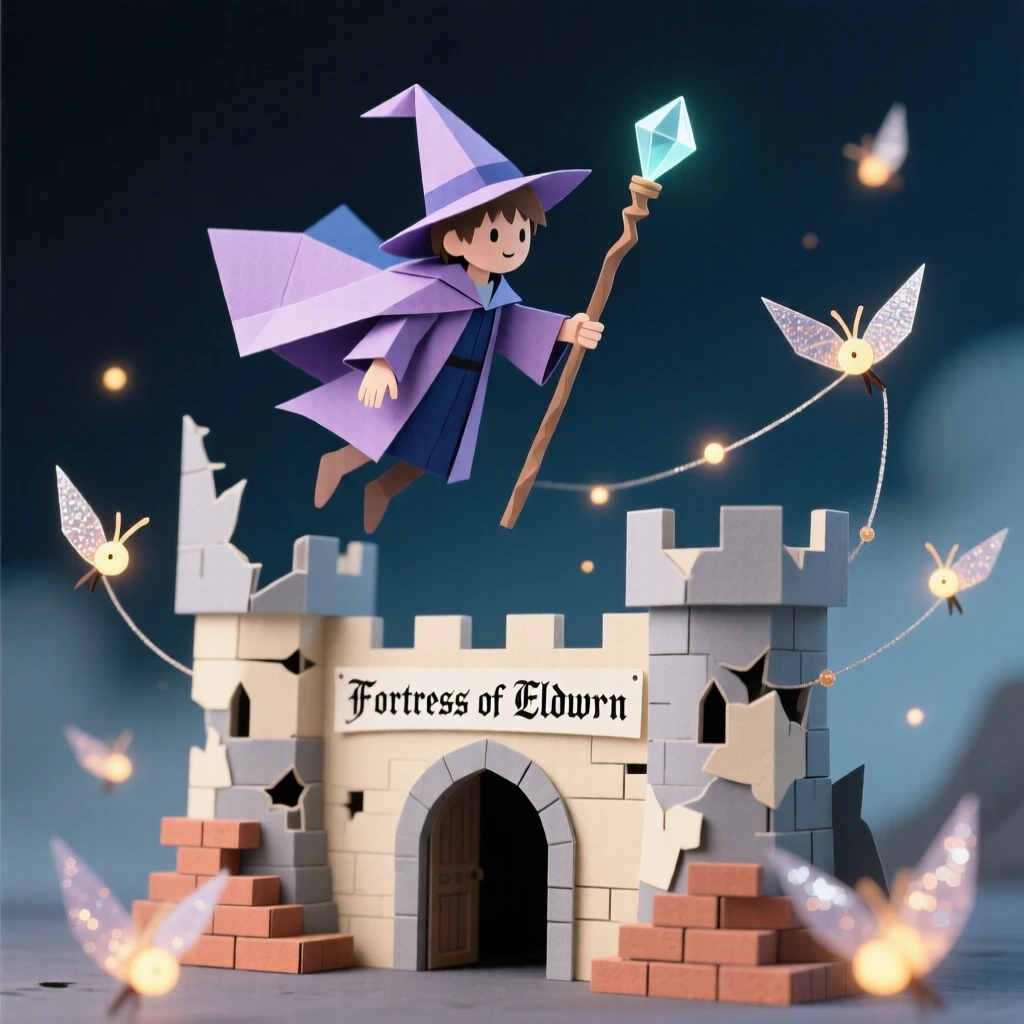 A young apprentice mage soaring above a crumbling ancient castle, with glowing particles floating like fireflies, evoking ancient power and mystery.