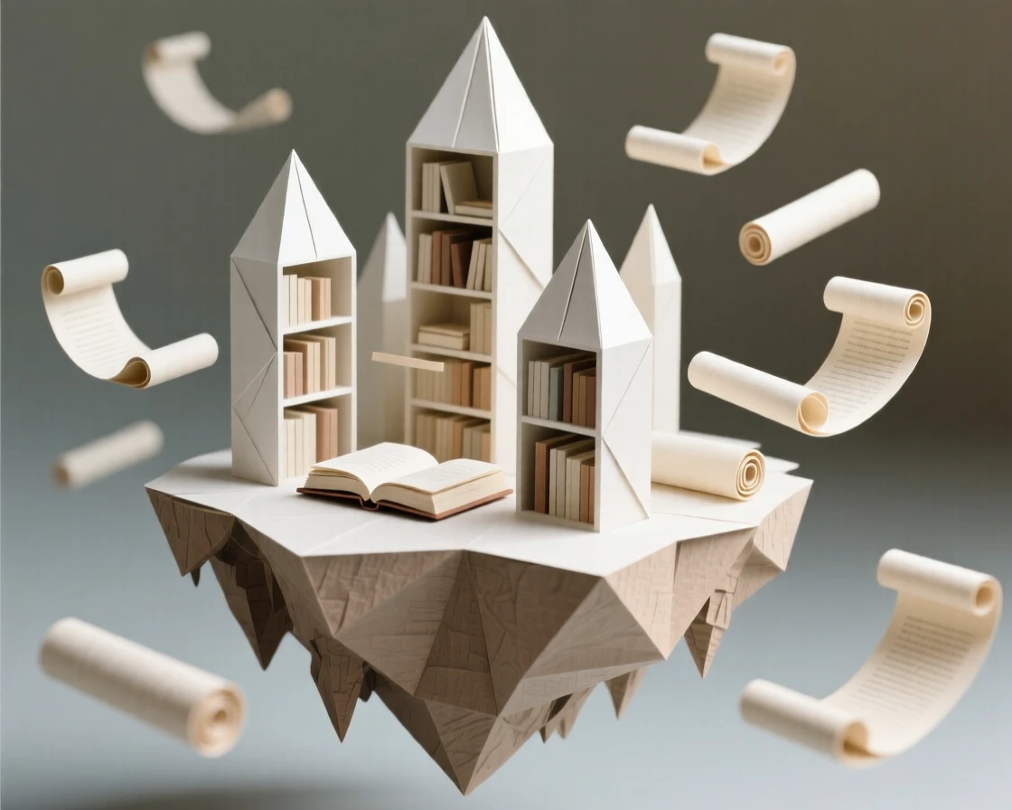 A floating library island where scrolls drift gently between towering bookshelf spires.