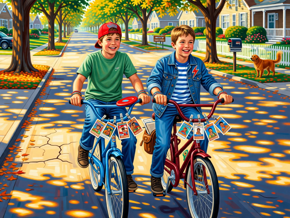 Childhood best friends ride bikes side by side down a tree-lined street, baseball cards clipped to their spokes clicking rhythmically, small personal details in their clothing and surroundings hinting at their story.