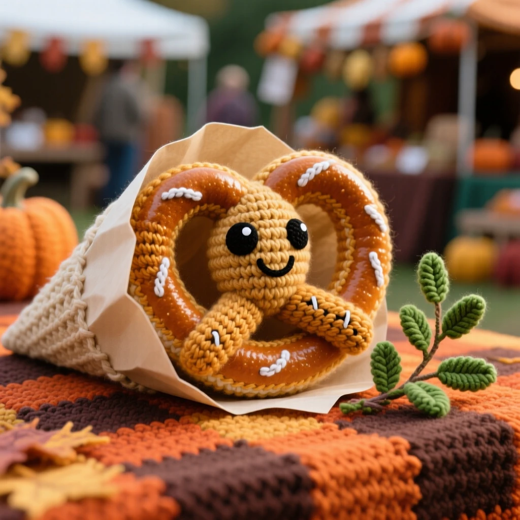 a smiling pretzel character, with a shiny golden twist, is shown resting in a paper cone at a festival stand on a warm autumn harvest table beside a sprig of fresh herbs as garnish, capturing bright, appetizing cheerfulness.