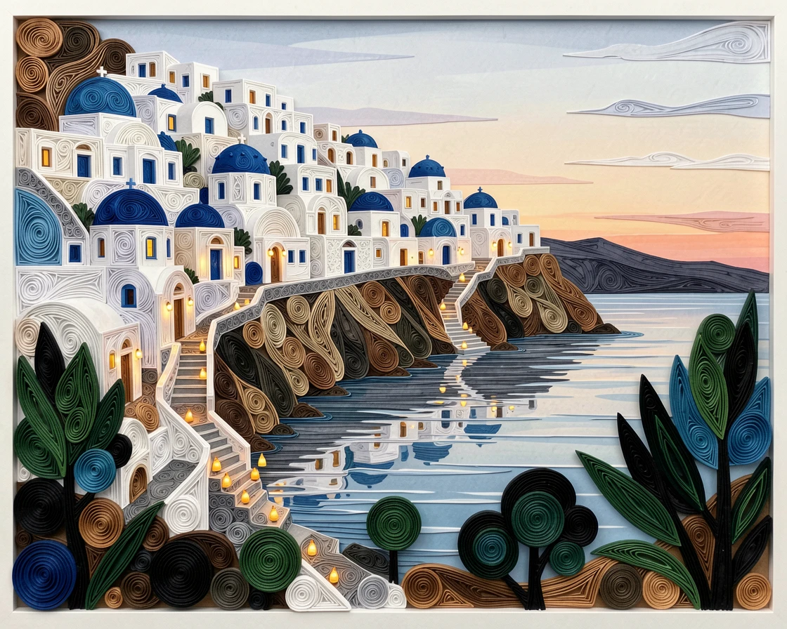 Santorini's white and blue buildings cascading down a cliff, beside a calm reflective body of water, framed by silhouetted trees in the foreground, with twinkling lights beginning to glow at dusk.