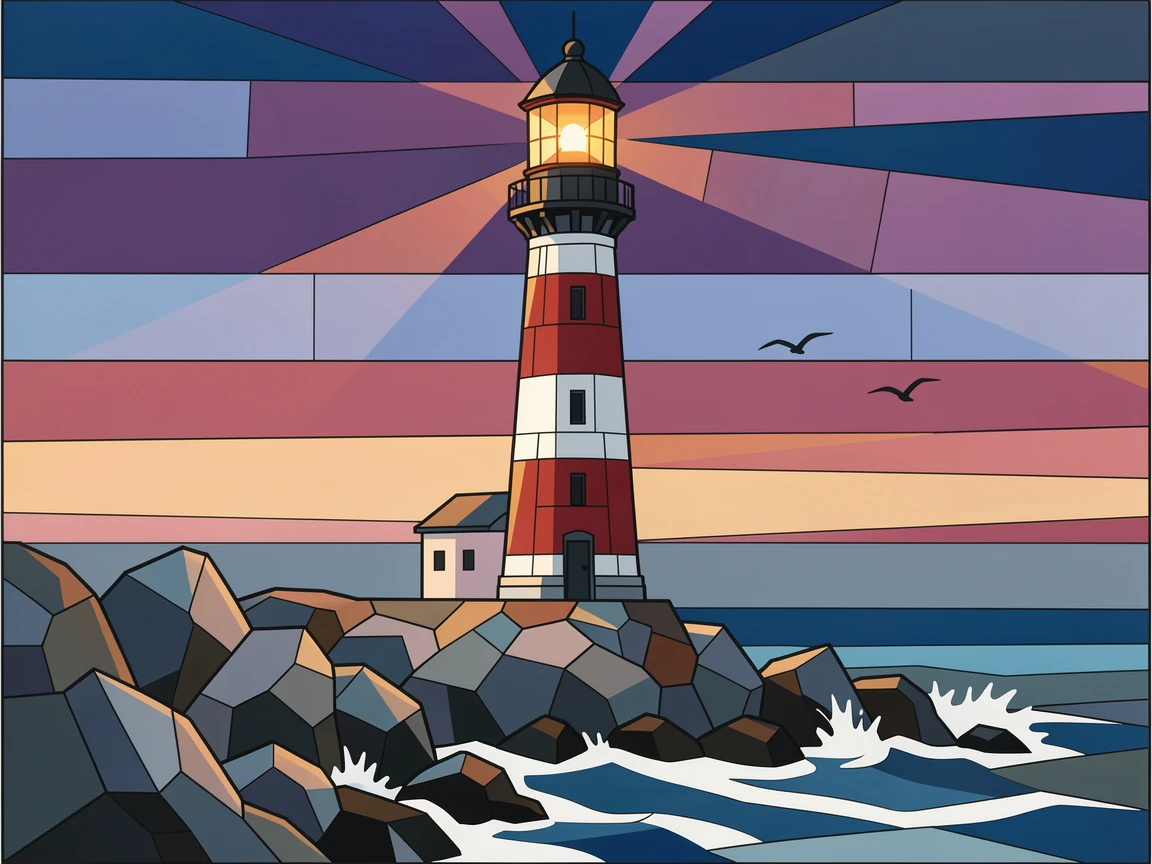 A classic lighthouse standing guard over a rocky coastline at dusk.